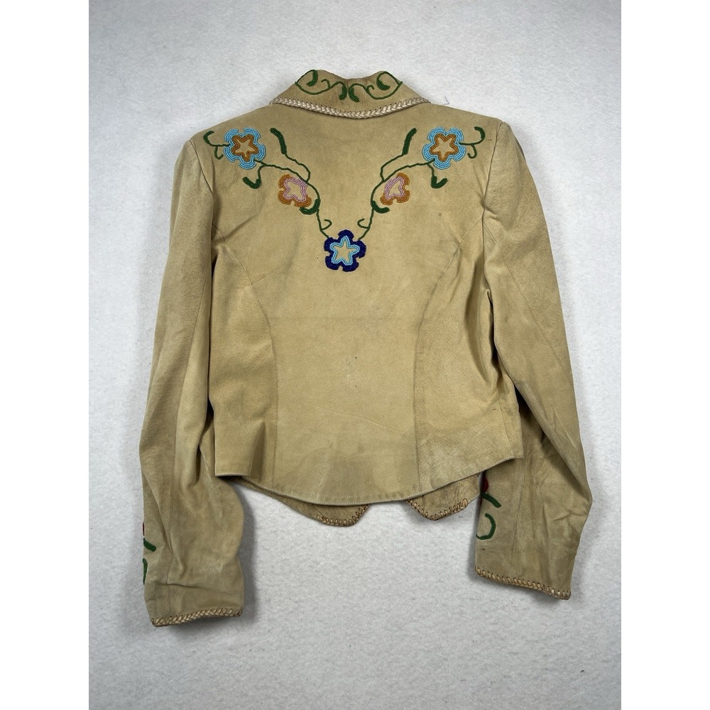 Ren Ellis Santa Fe Beaded Suede Leather Jacket Size 10 Tan Snap Front Lined - Picture 2 of 15